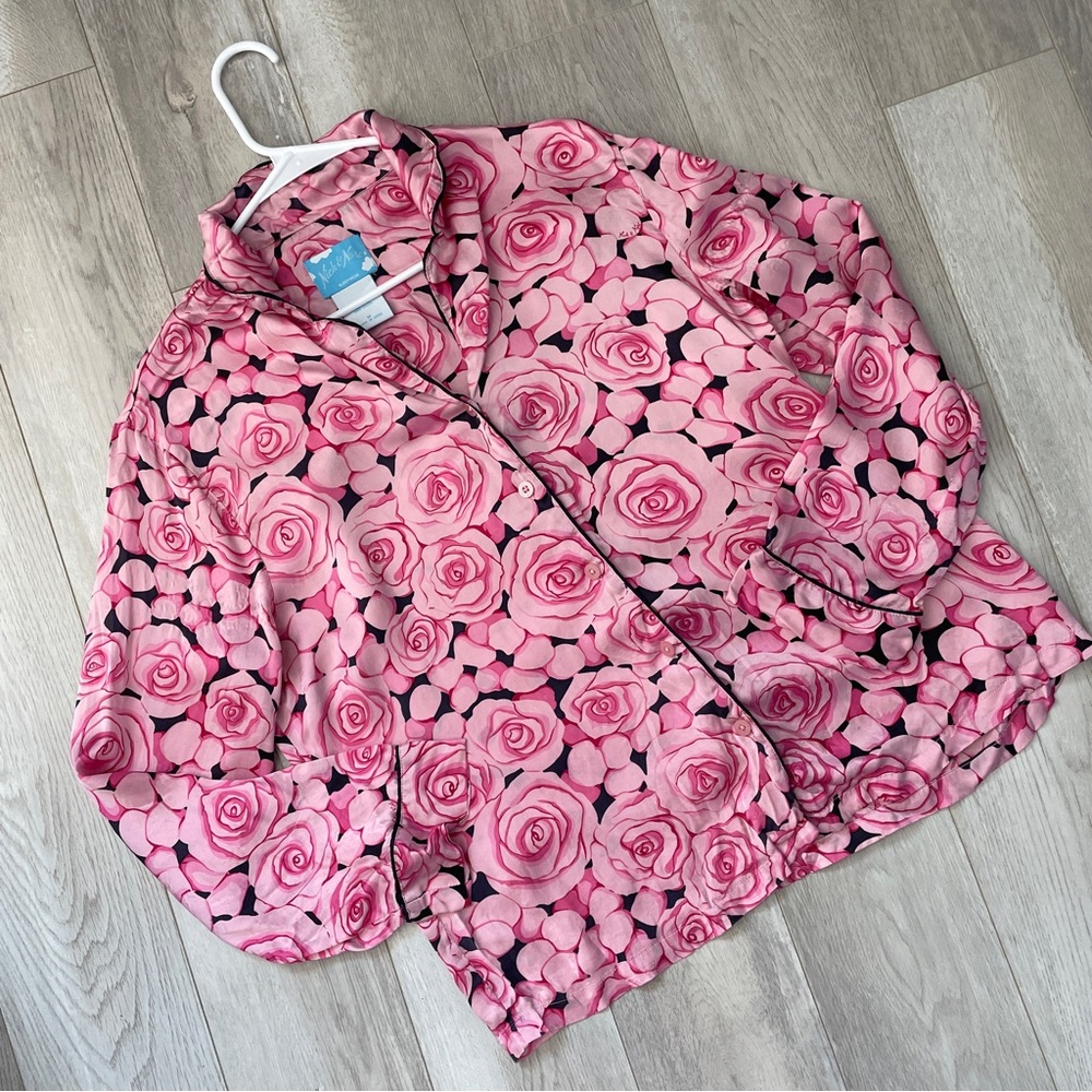 Nick & Nora Shirt silk rose print button up pajama womens Pink (medium)
